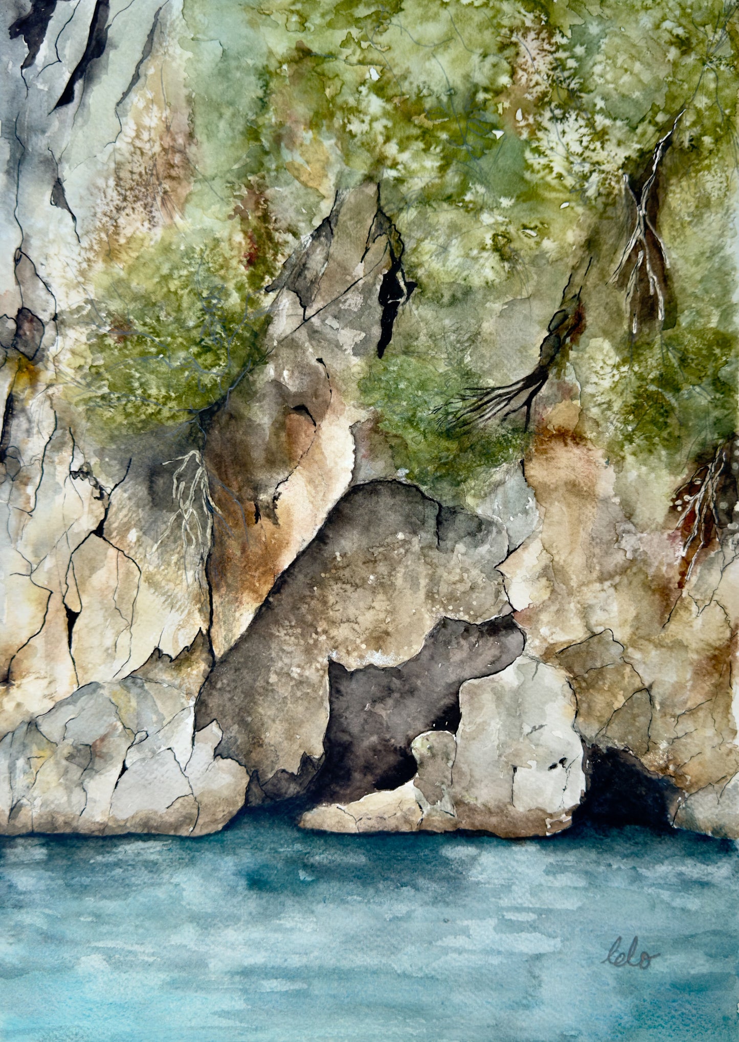 ORIGINAL WATERCOLOUR - "Corfu Caves”, Agni, Corfu, Greece