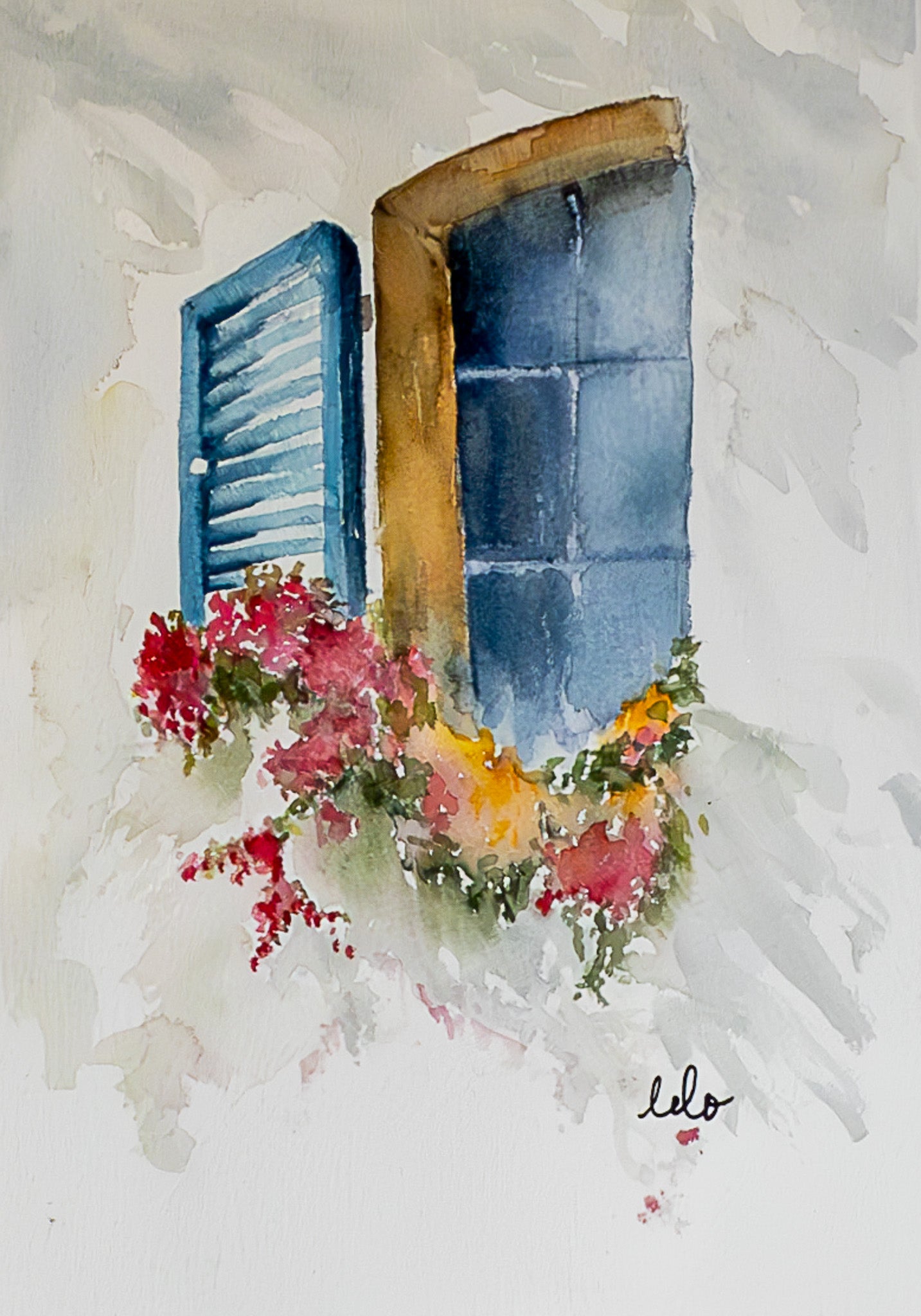 ORIGINAL WATERCOLOUR - "Window with Flowers" Greek Islands