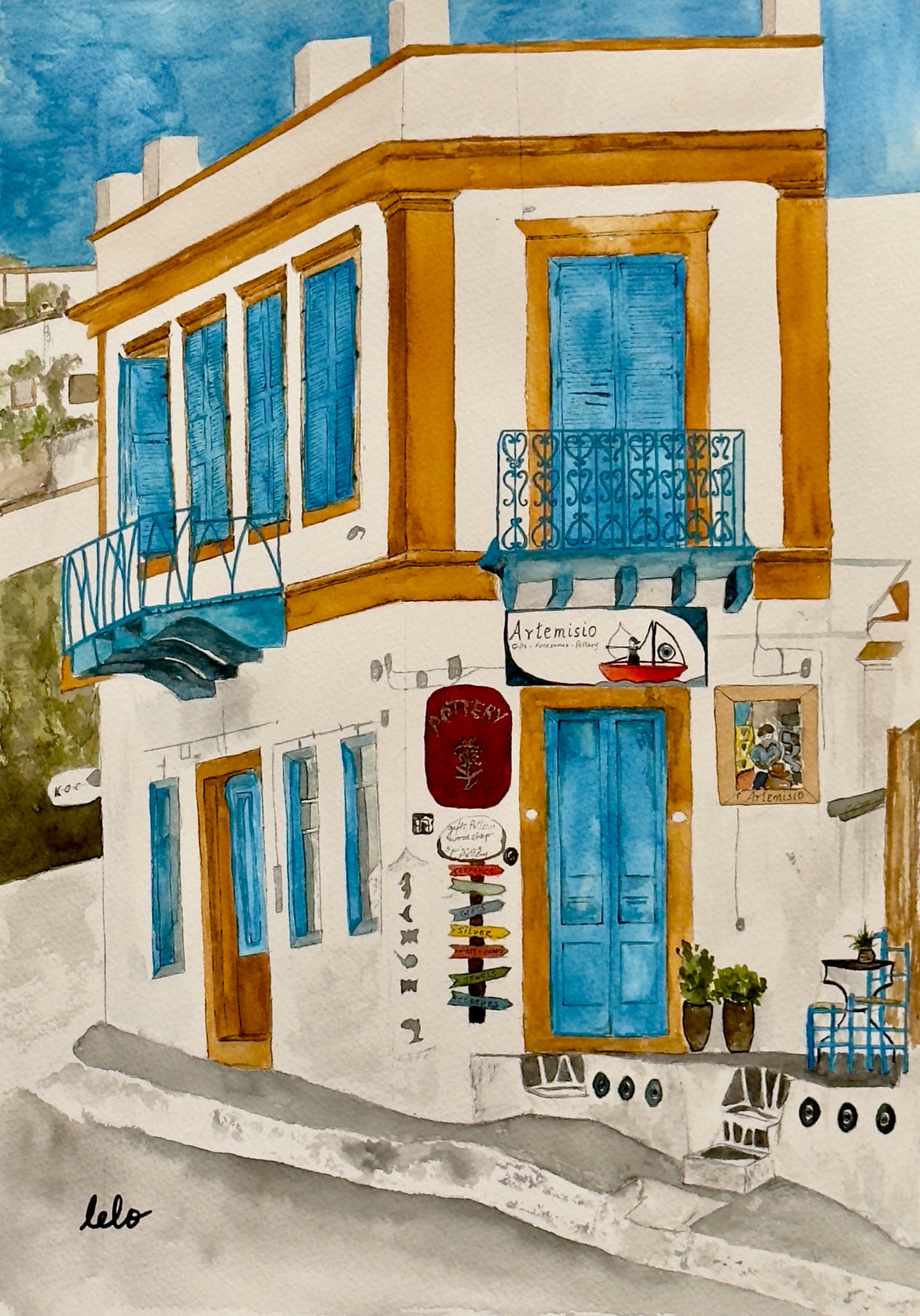 ORIGINAL WATERCOLOUR - "Artemis Pottery Shop", Leros, Greece