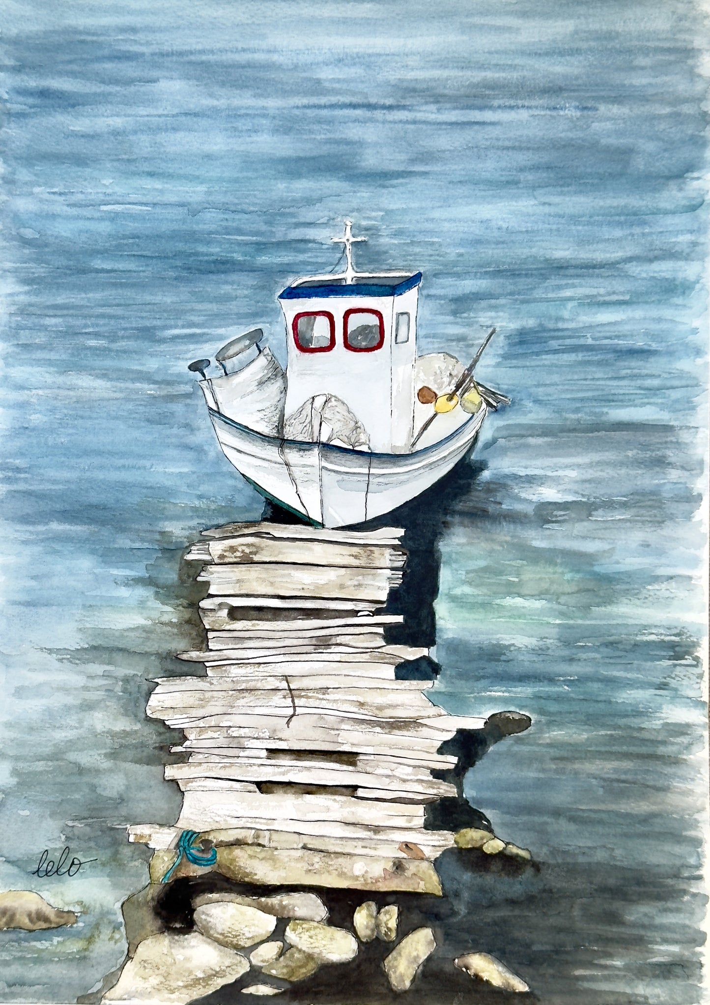 ORIGINAL WATERCOLOUR - "Fishing Boat" Leros, Greece