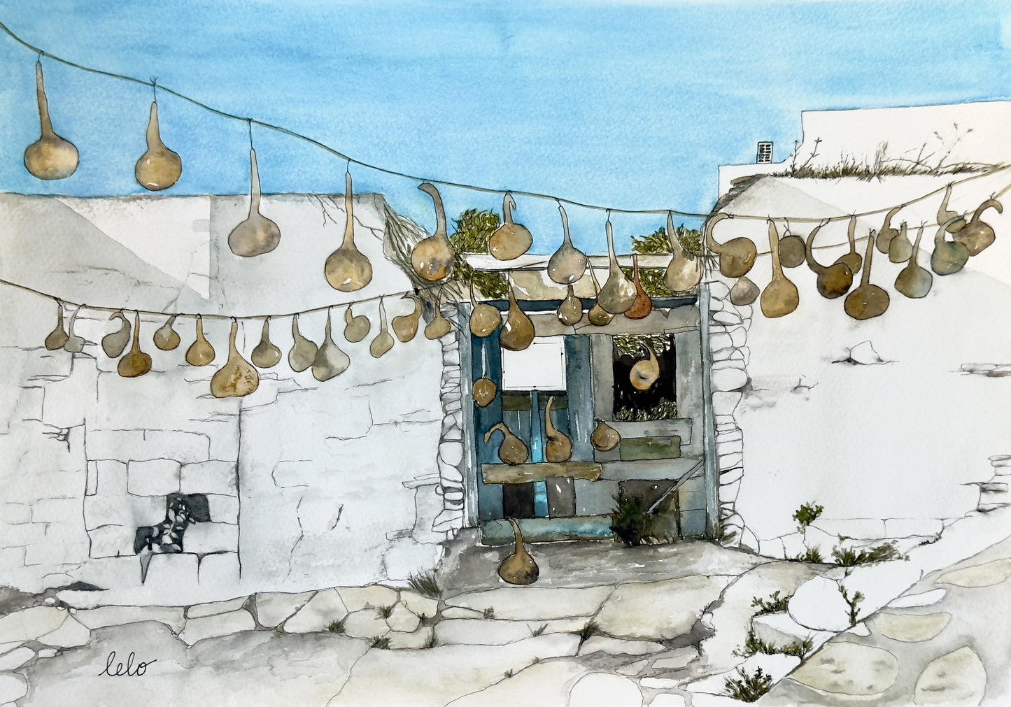 ORIGINAL WATERCOLOUR - "Greek Tecomates", Lipsi, Greece