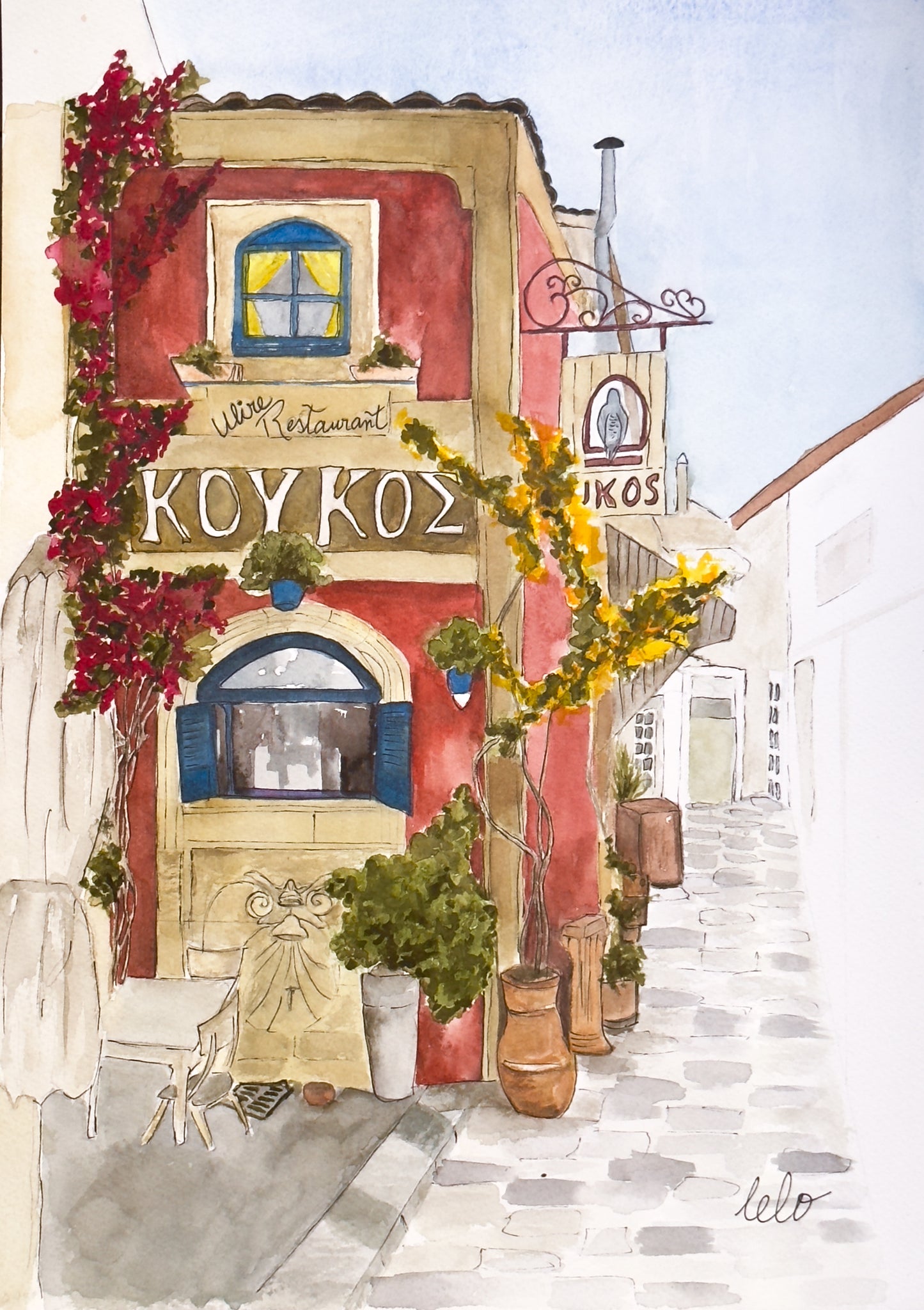 ORIGINAL WATERCOLOUR - "Restaurant Facade" Pylos, Greece