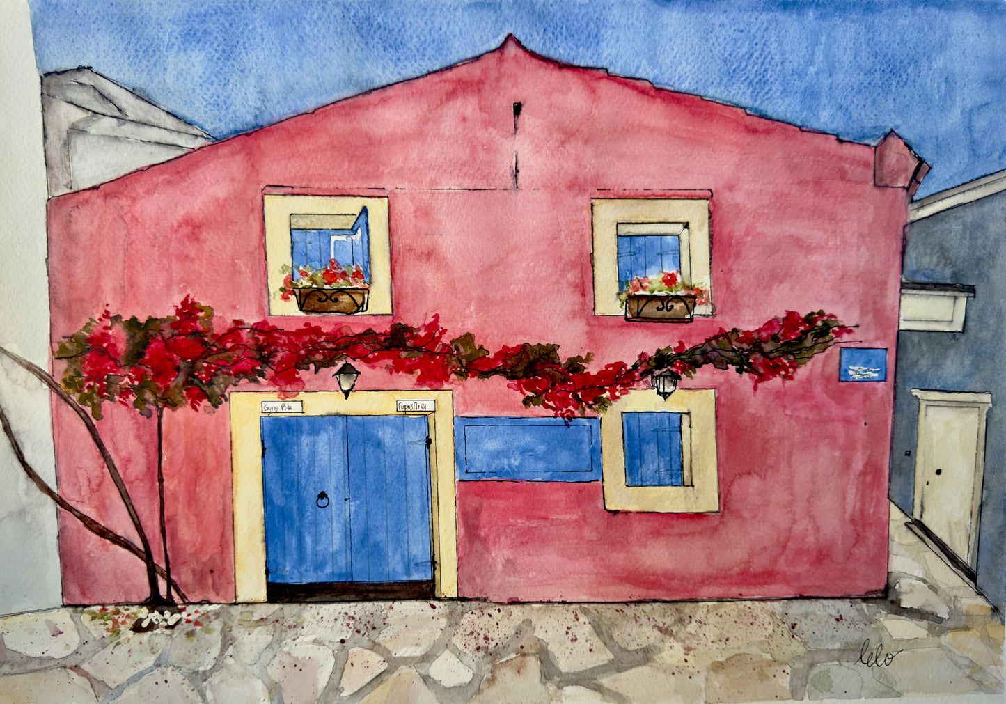 ORIGINAL WATERCOLOUR - "Gyros House”, Fiscado, Cephalonia, Greece