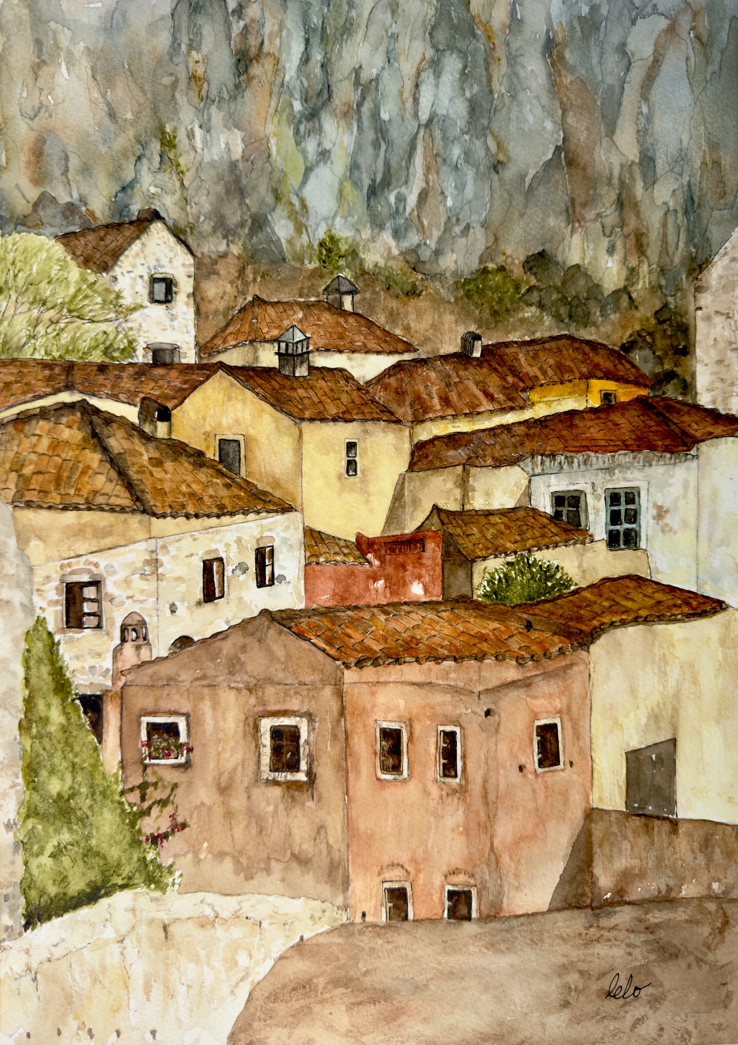 ORIGINAL WATERCOLOUR - "Rooftops Monamvasia”