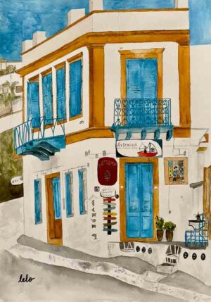 ORIGINAL WATERCOLOUR - "Artemis Pottery Shop", Leros, Greece