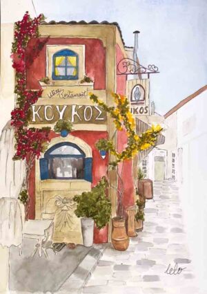 ORIGINAL WATERCOLOUR - "Restaurant Facade" Pylos, Greece